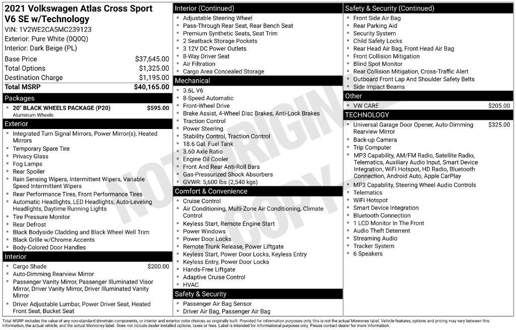 2021 Volkswagen Atlas Cross Sport 3.6L V6 SE w/Technology